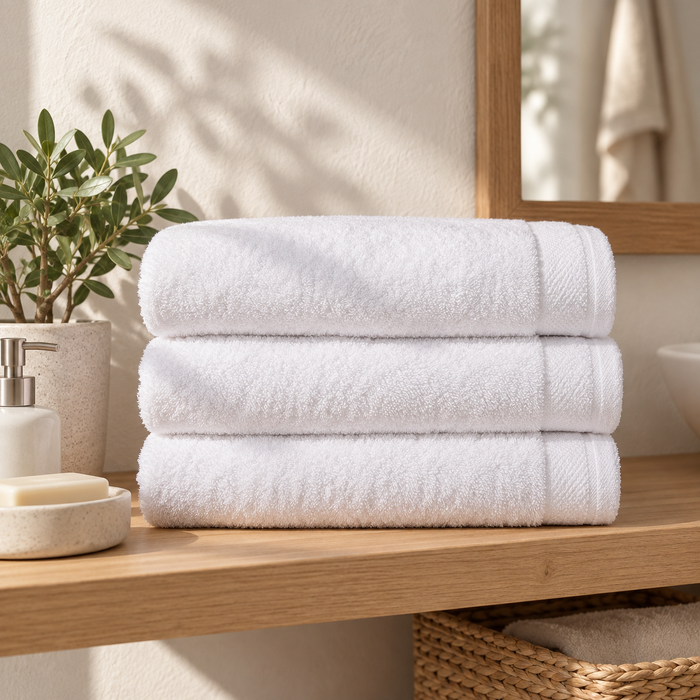 Spugna cotone – tre asciugamani da bagno piegati e impilati