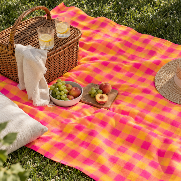 Quadretto Candy Fluo H.280 – una tovaglia da picnic stesa a terra