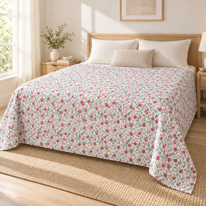 Cotone fiori H.240 – un copriletto steso su un letto matrimoniale