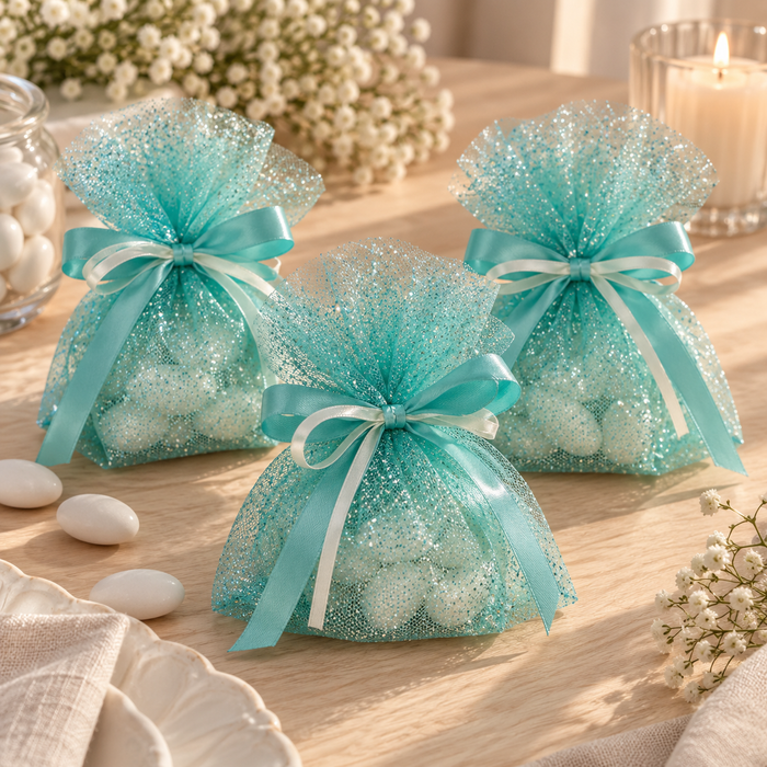 Tulle Glitter – una serie di sacchetti bomboniera chiusi con nastro e due fiocchi grandi