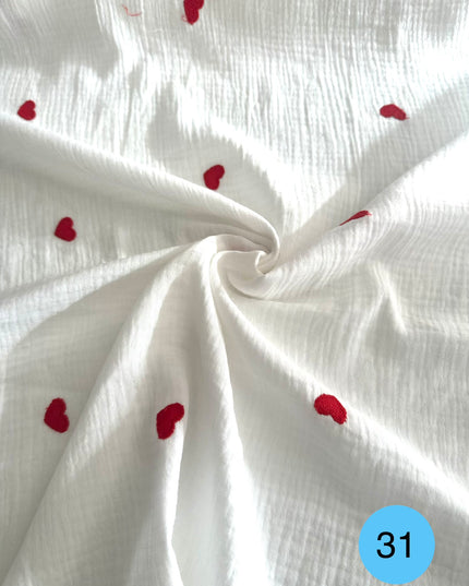 Mussola Doppia Garza Ricamata Cuori